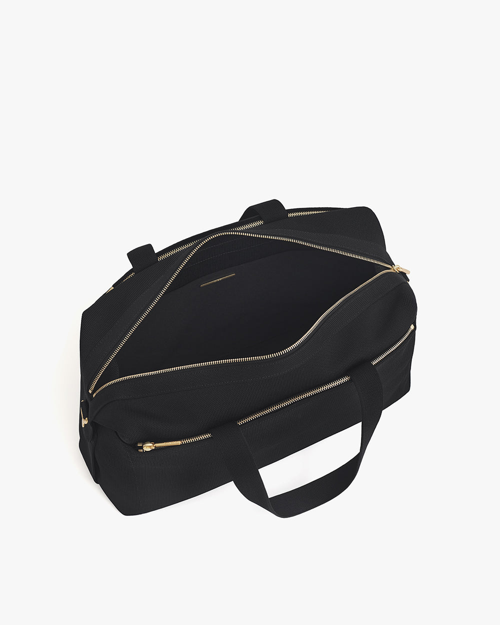 Open travel bag with shoulder strap and zippered compartments