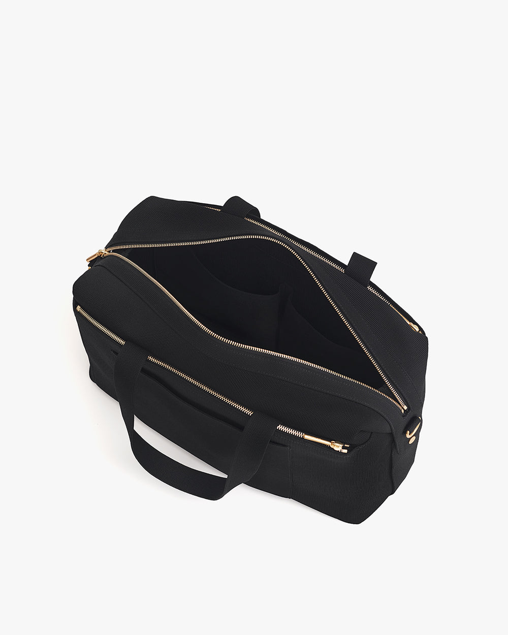 Open travel bag with shoulder strap and zippered compartments