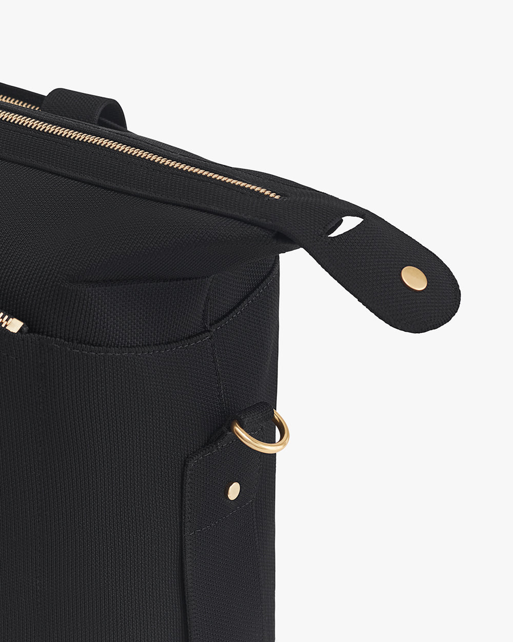 Close-up of a travel bag with zipper and metal rings