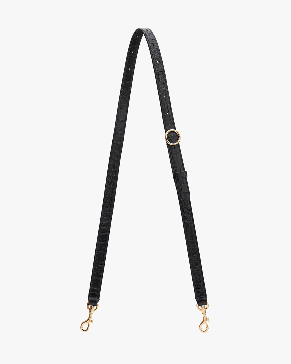 Adjustable strap with buckle and two clasps at ends.