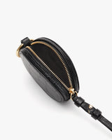 Small oval-shaped bag with zipper and attached strap.