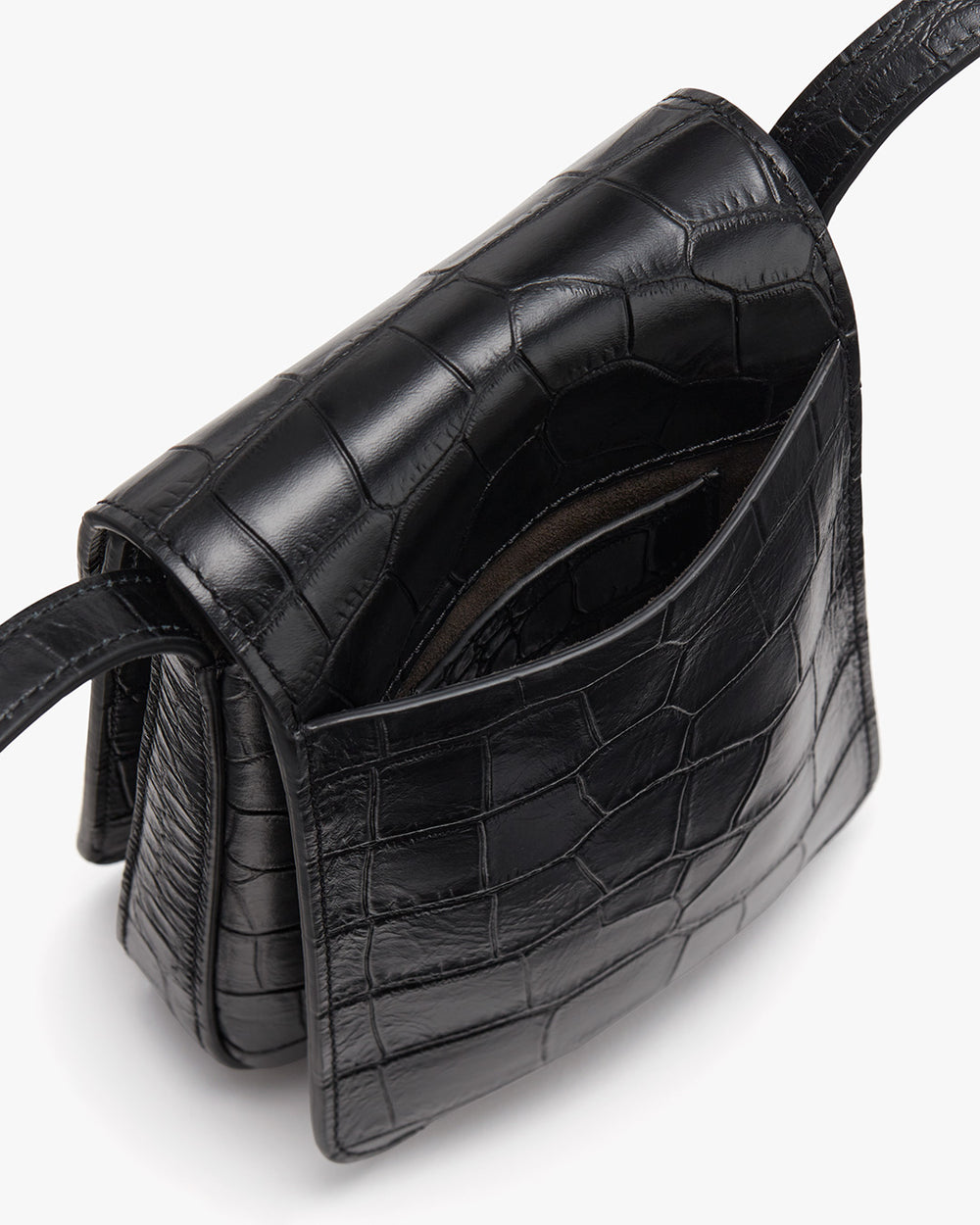 Concertina Phone Bag (Croco) Handbag with a textured pattern and shoulder strap.
