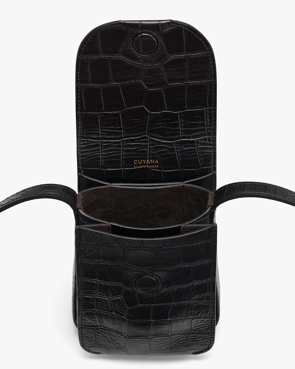 Concertina Phone Bag (Croco) Open textured clutch with a brand label inside.