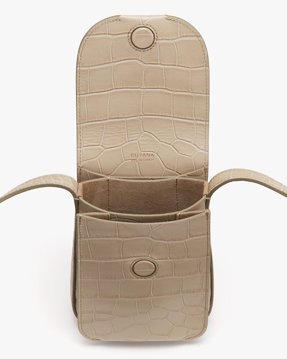 Concertina Phone Bag (Croco) Open croc-embossed leather phone bag with main flap and long handle.