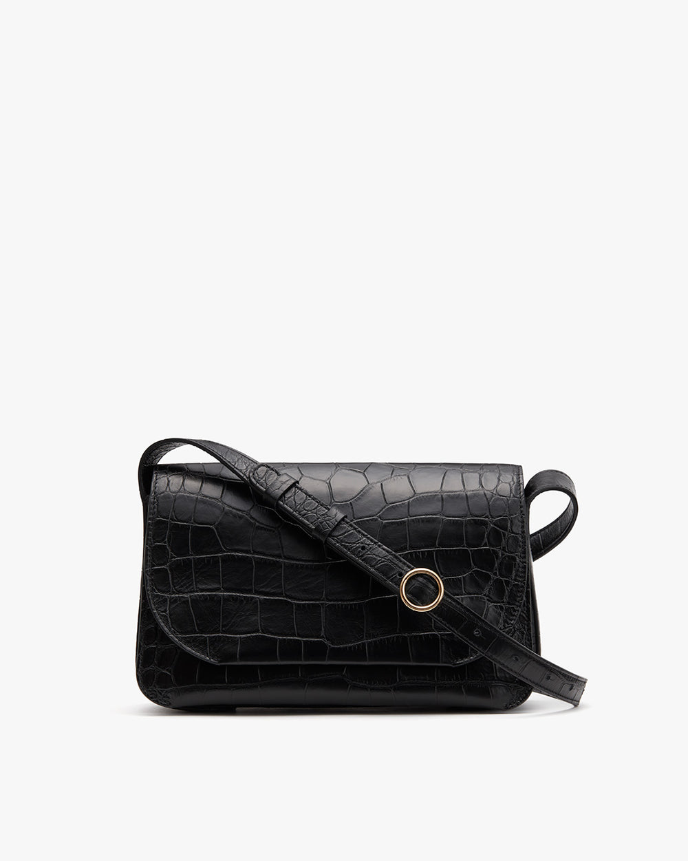 Small shoulder bag with a textured surface and round clasp.