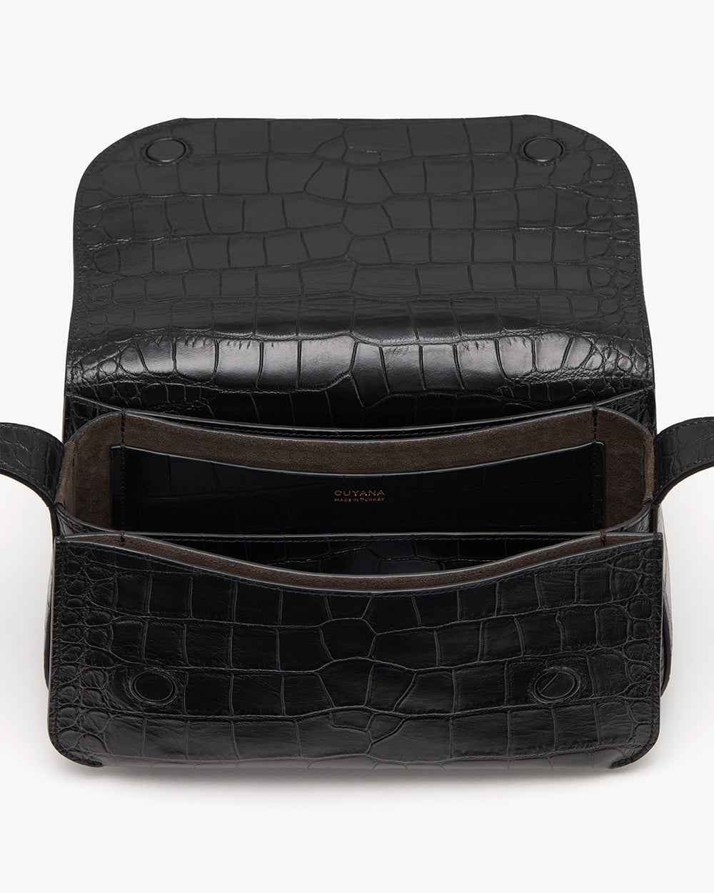 Open croc-embossed leather bag with visible inner compartments.