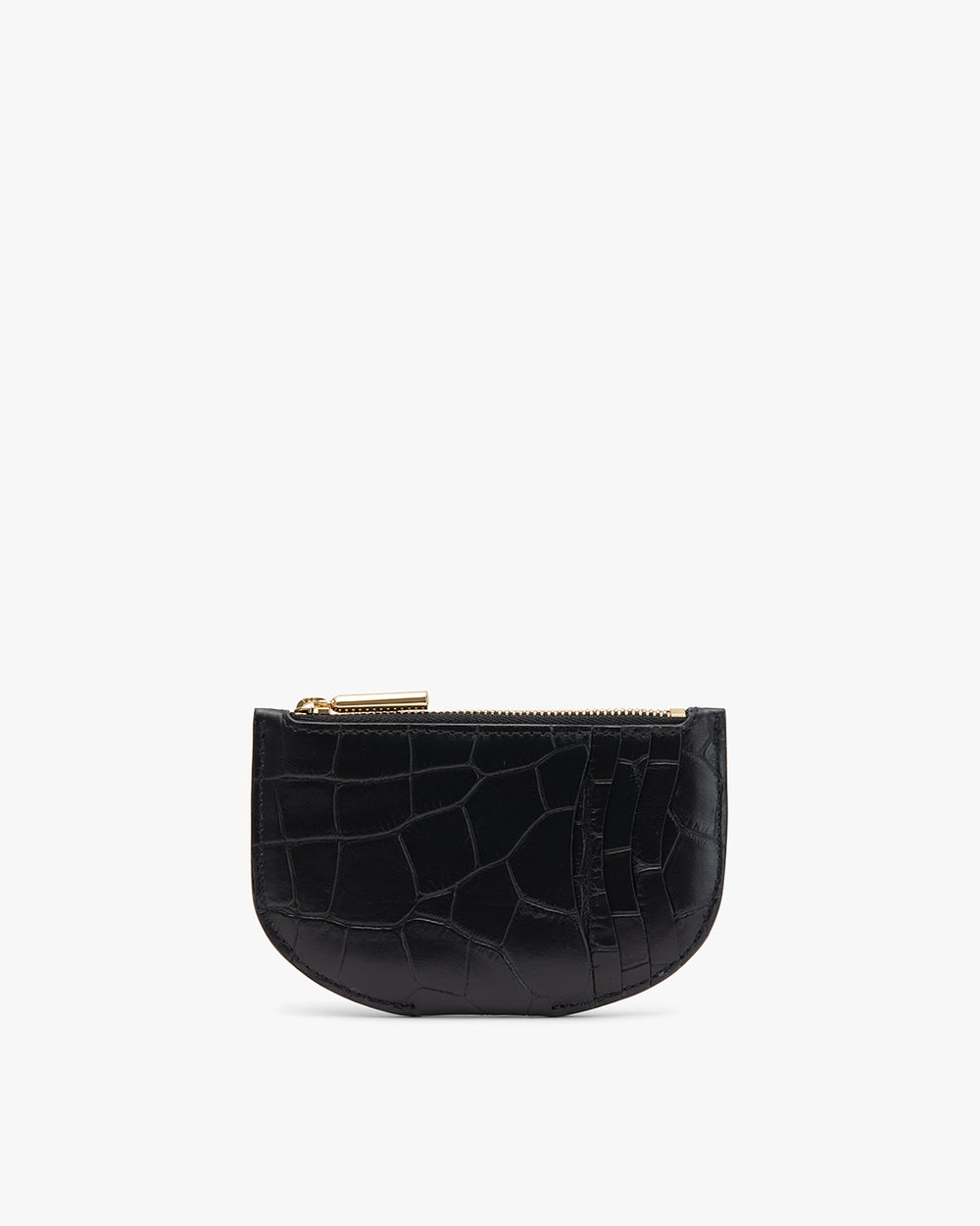 Small half-moon shaped zippered pouch on a plain background.