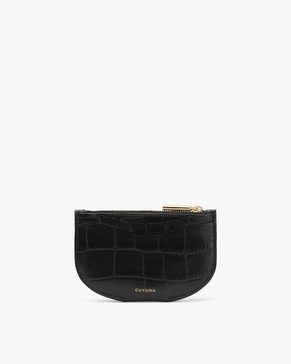 Half-moon shaped small zippered pouch with embossed pattern.