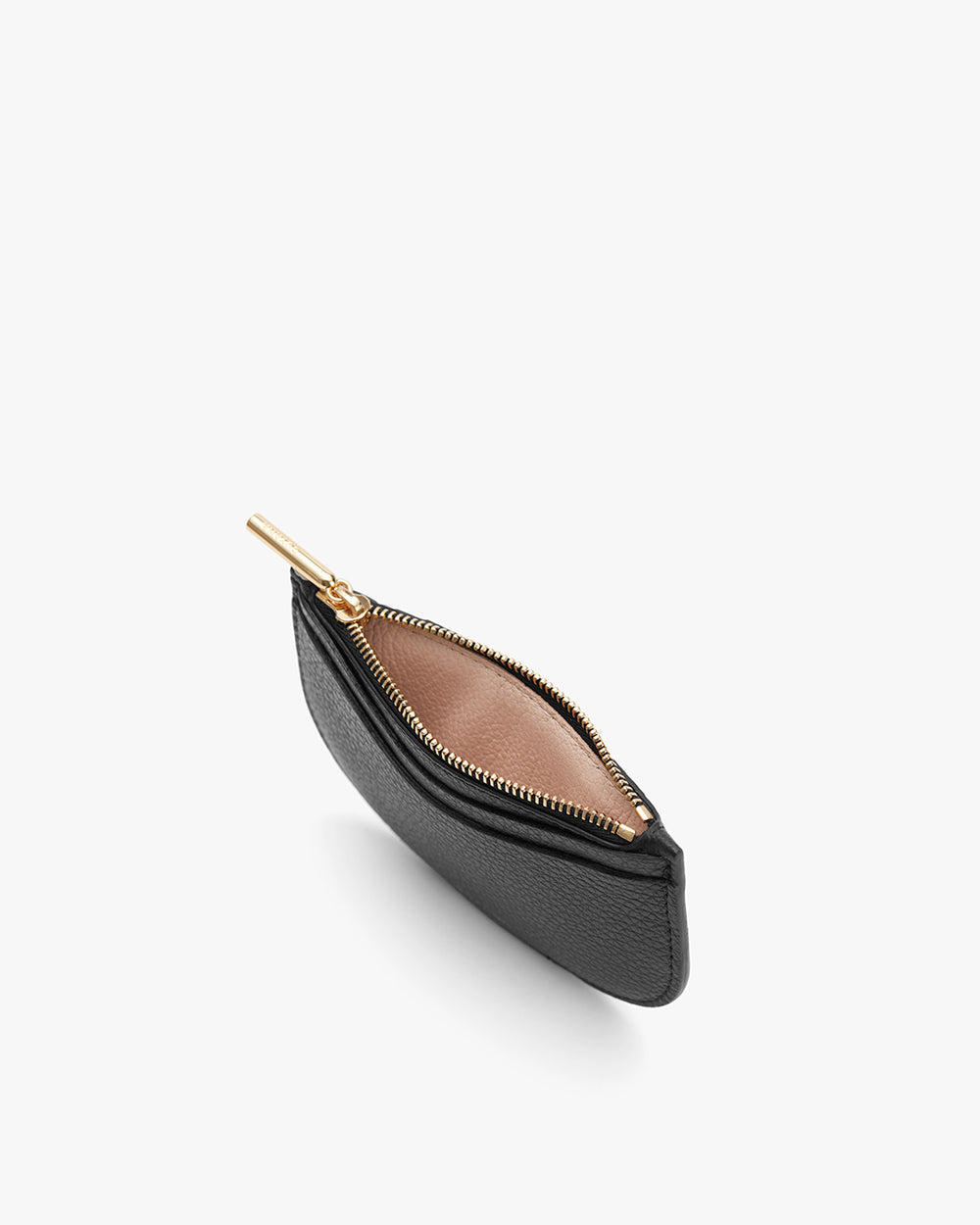 Small zippered pouch standing upright on a plain surface.