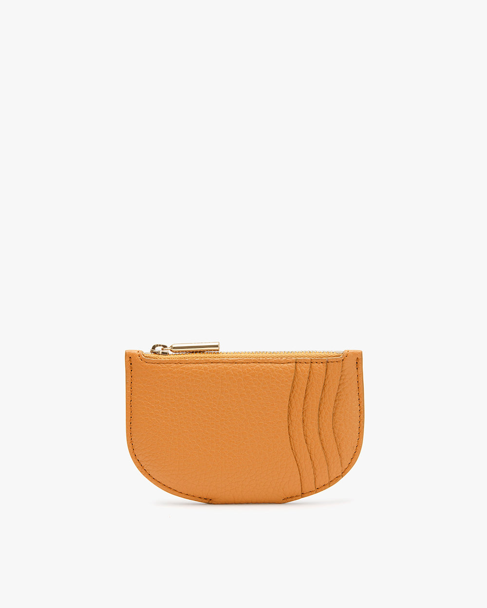Small textured purse with zipper on a plain background.
