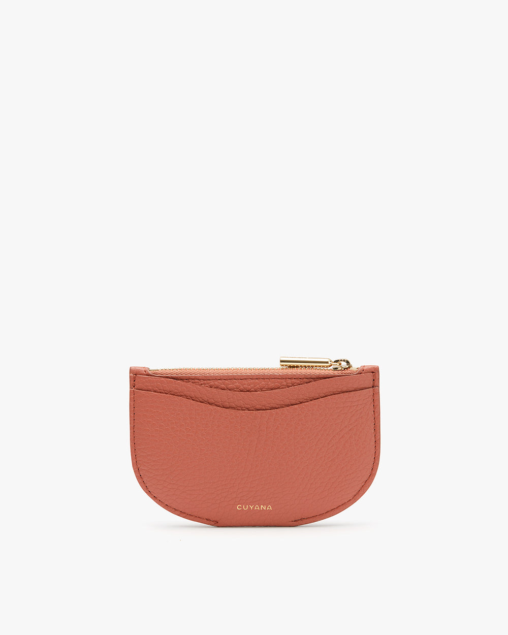 Cardholder Small half-moon shaped zippered purse with brand name on the front.