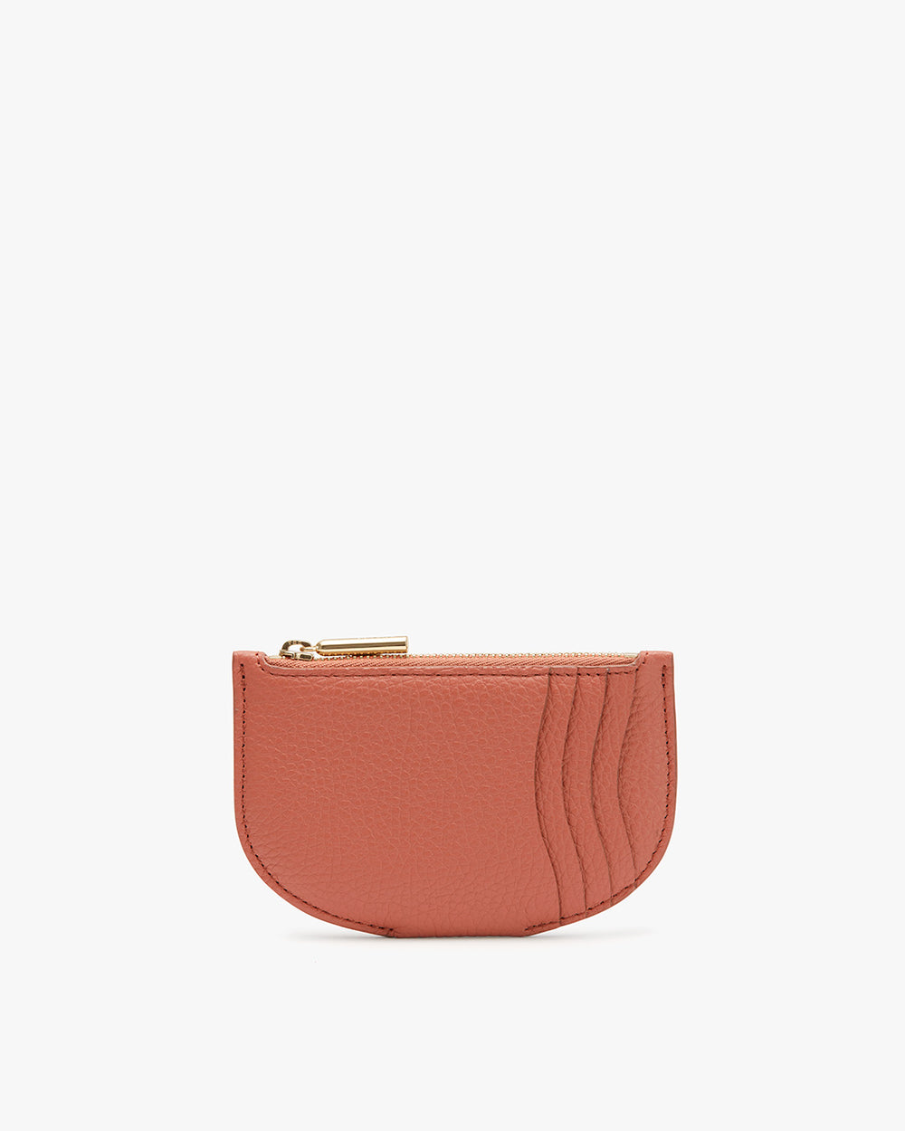 Small purse with a zipper and wavy stitching on front.