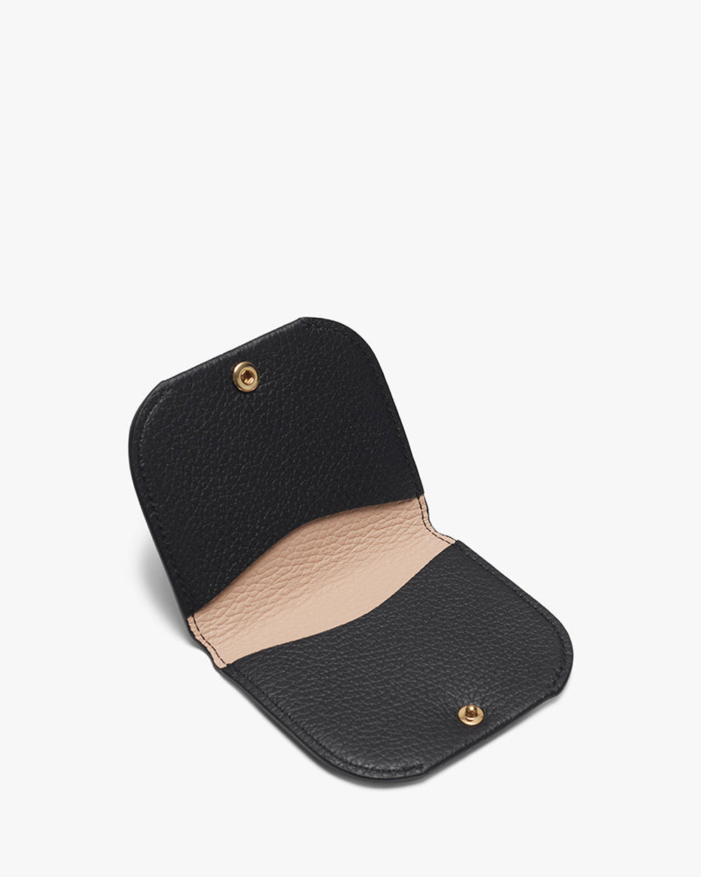Open small leather wallet with snap fasteners visible
