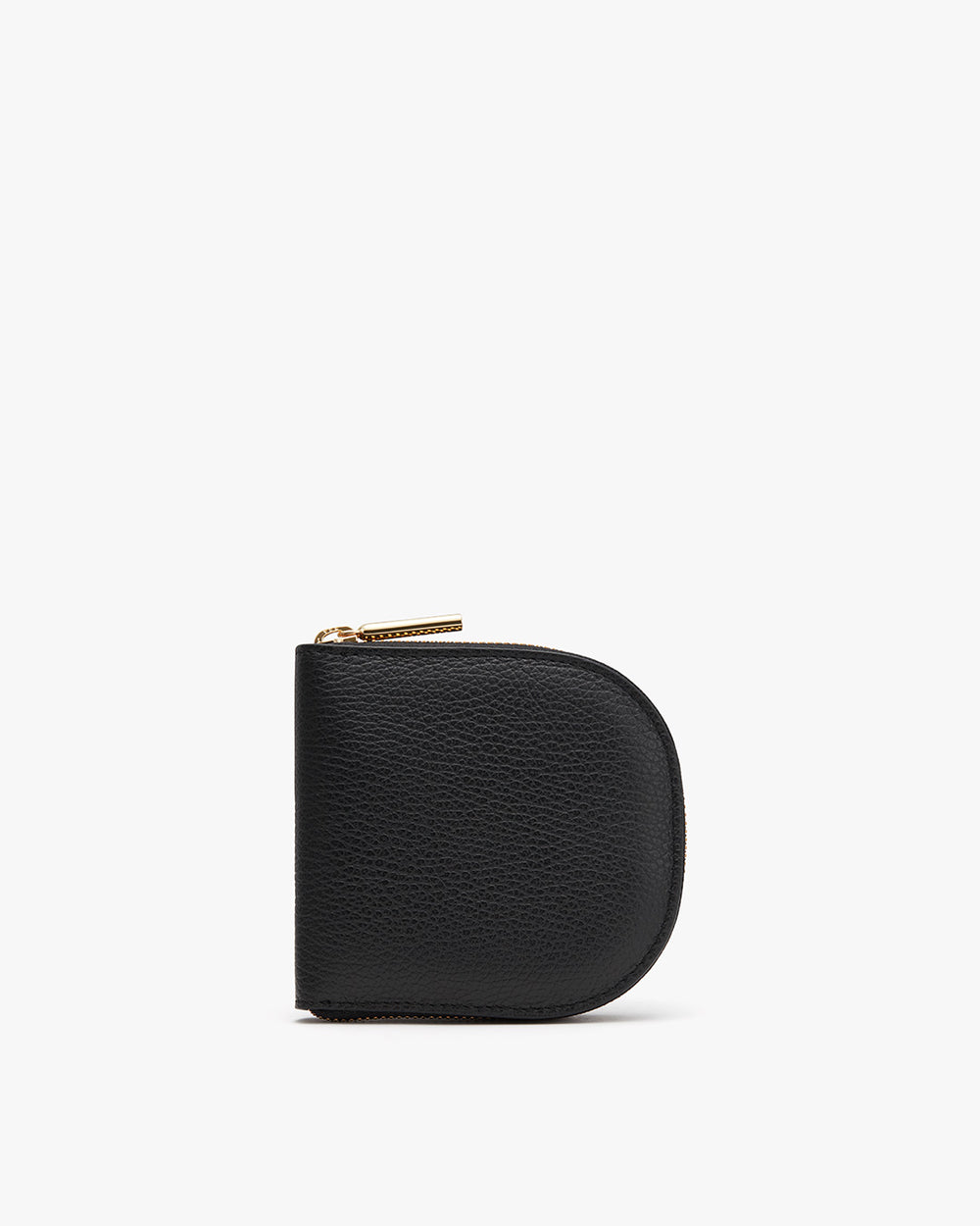 Small rounded zippered wallet standing upright on a plain background.