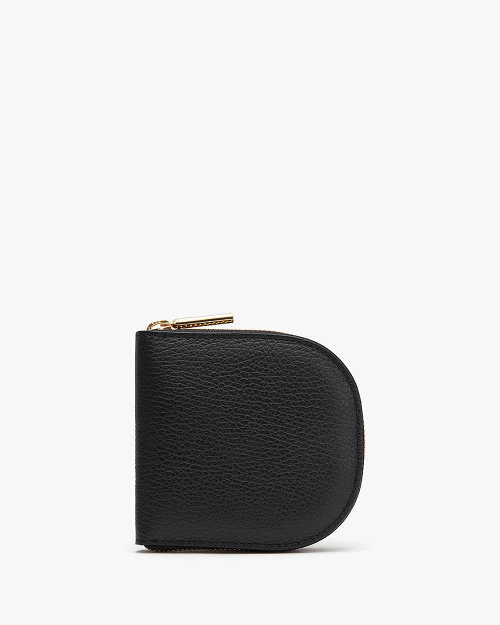 Small rounded zippered wallet standing upright on a plain background.