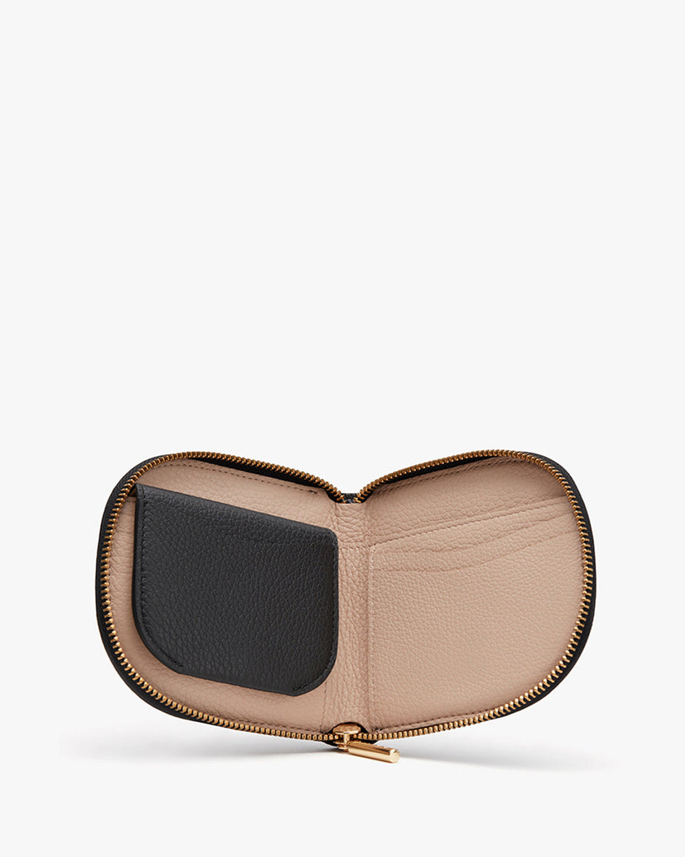 Open heart-shaped wallet with zipper and internal compartments.