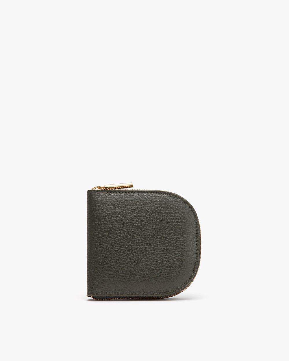 Small closed wallet with a zipper on a plain background.