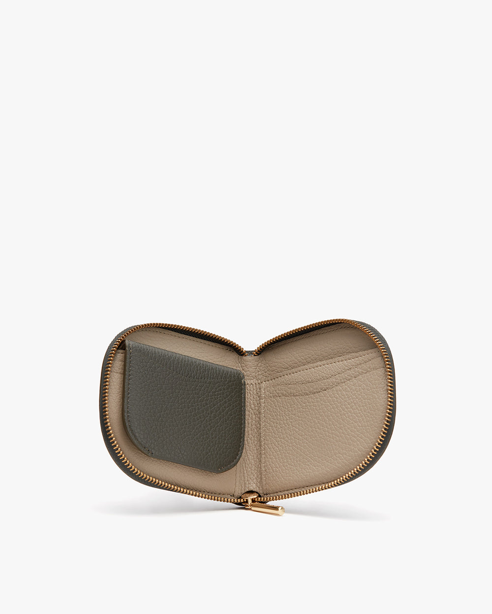 Open heart-shaped purse on a plain background.