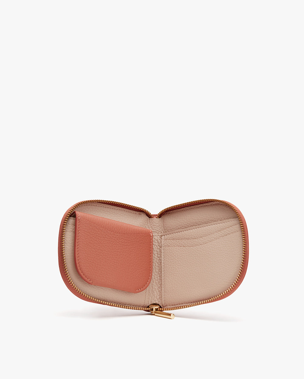Open heart-shaped wallet with two internal compartments.