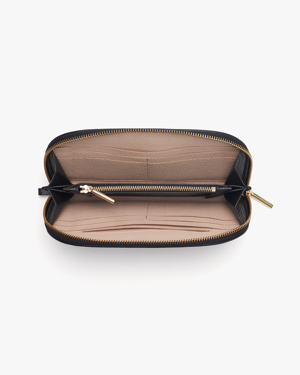 Open wallet with compartments and a zipper closure.