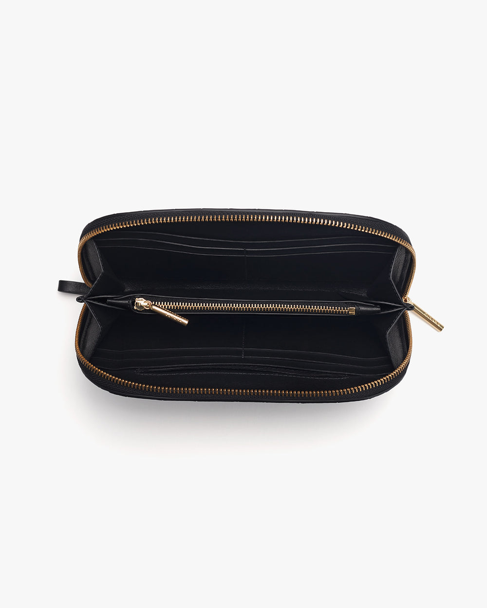 Open rectangular zippered pouch with an interior zipper compartment.