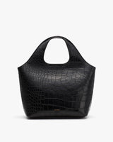 A handbag with croc-embossed leather and a single handle.
