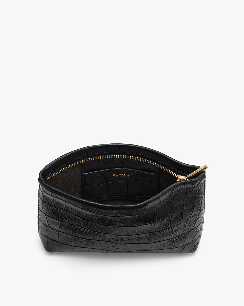Open croc-embossed leather clutch with zipper