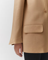 Close-up of a person wearing a jacket with a visible pocket and button.