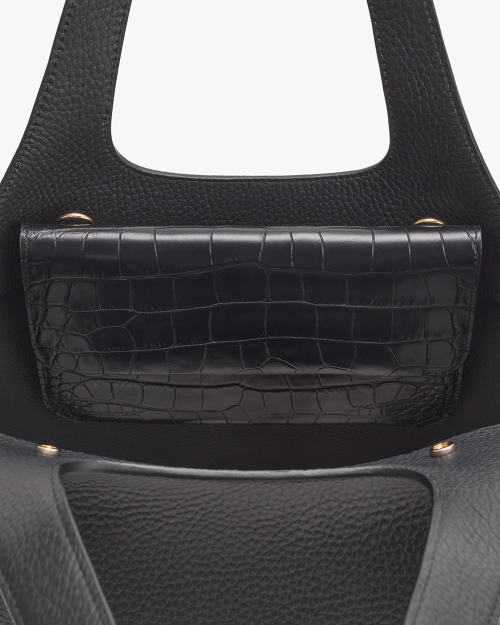 System Flap Bag (Croco) Close-up view of a handbag with a textured front pocket.