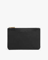 Black textured zipper pouch on a plain background