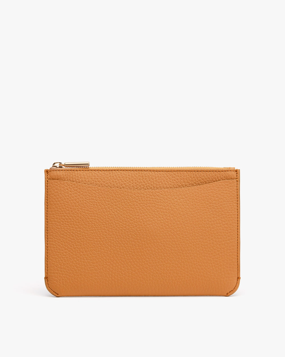 Small textured pouch with zipper on a plain background.