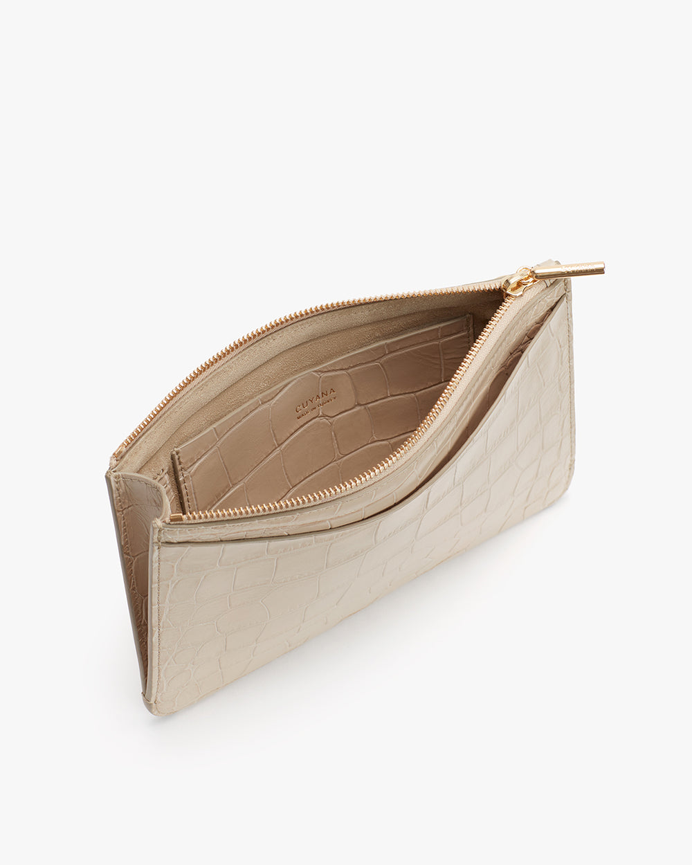 System Zipper Pouch (Croco) Open small zipper pouch on plain background.