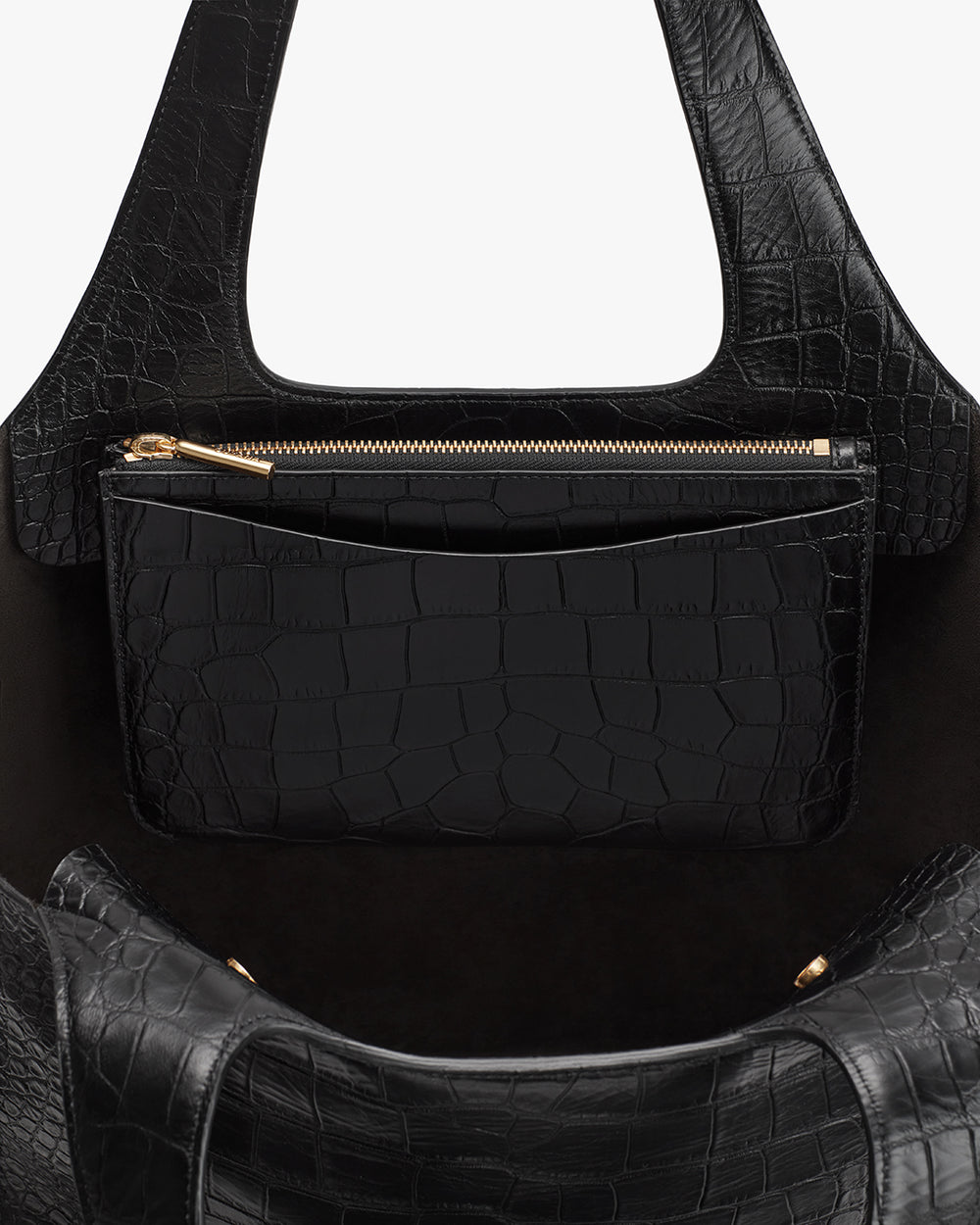 System Zipper Pouch (Croco) Handbag with a smaller pouch attached by a zipper.