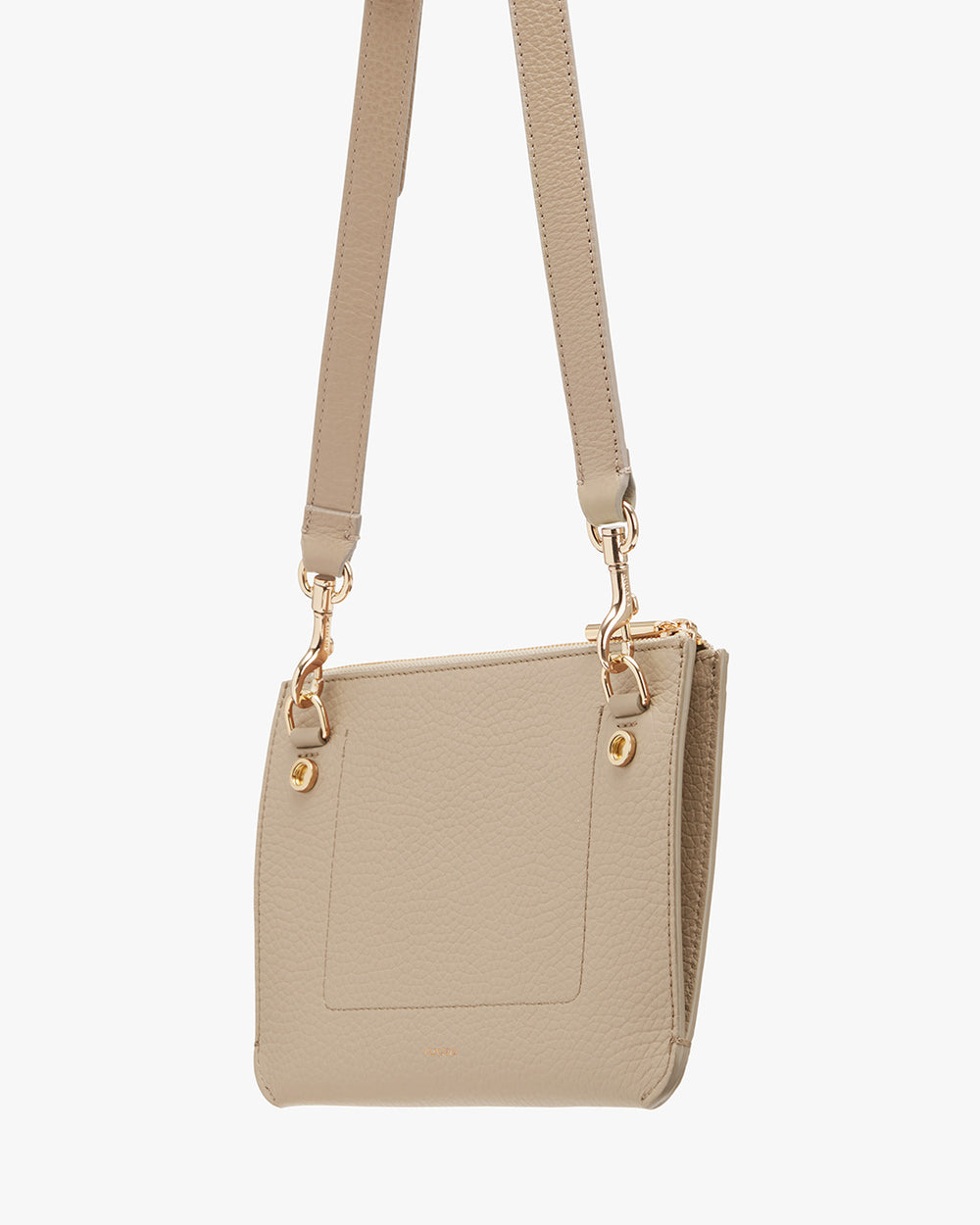 Small handbag with adjustable strap and metal clasps.
