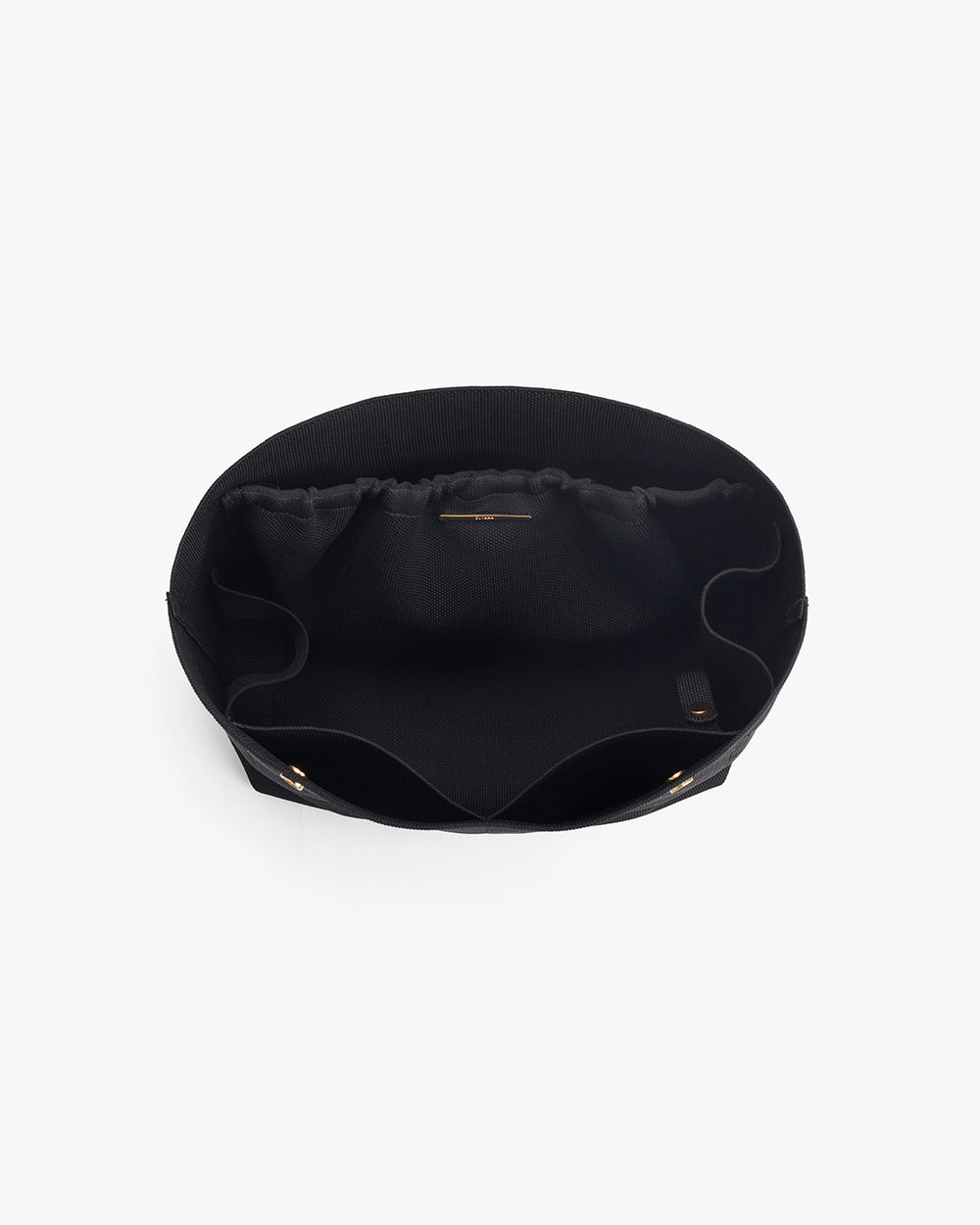 Round black hat with curved rim on a light background.