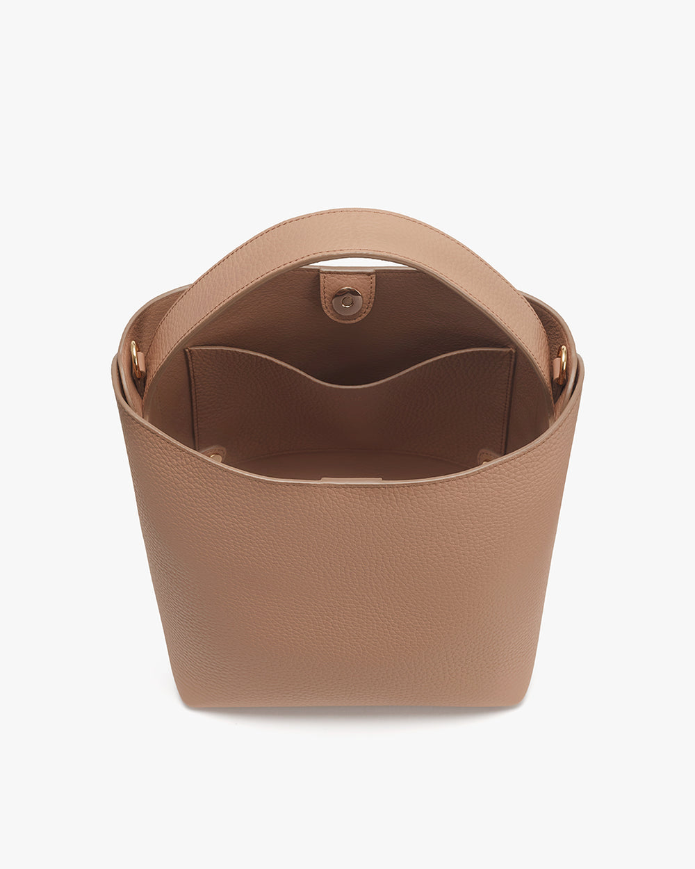Linea Bucket Bag Open handbag with internal compartments visible.