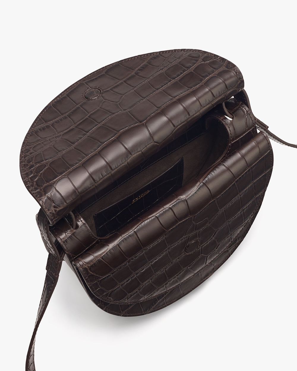 Double Moon Saddle Bag (Croco) Top view of an open round bag with croc-embossed leather and interior pocket