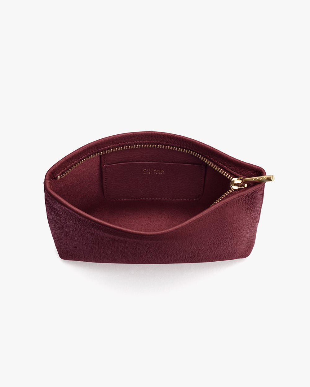 Open small pouch with a visible zipper and inner pocket.