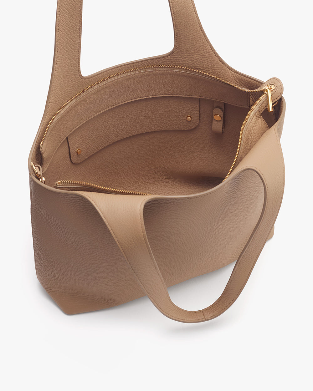 Open handbag with zipper pocket and two slots inside.