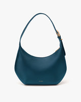 Hobo-style handbag with a single strap and subtle branding at the bottom
