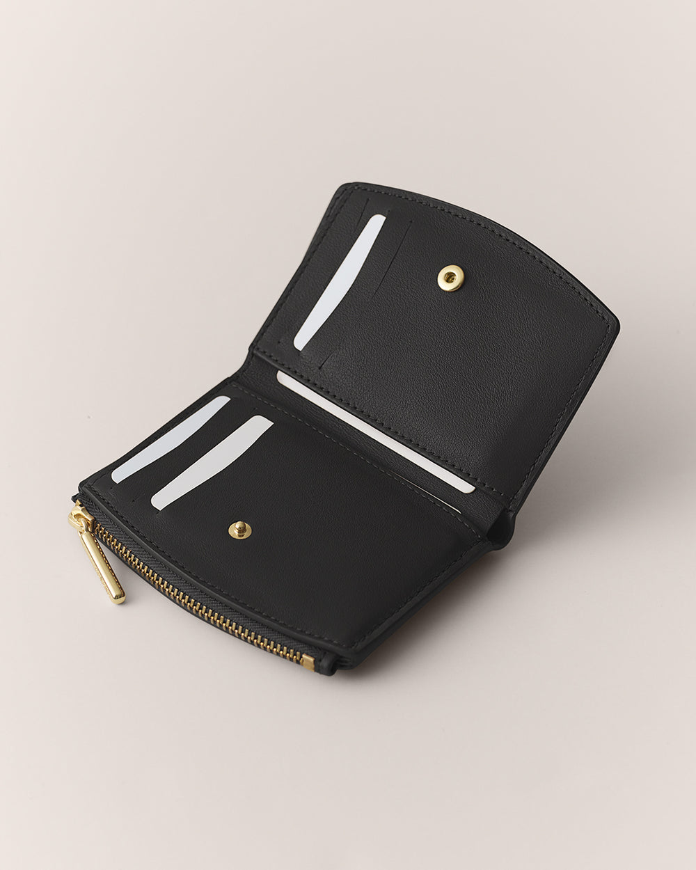 Fold Zip Wallet (Smooth) Open wallet with card slots, snap button, and zippered pocket