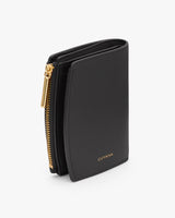 Small zippered wallet with multiple pockets and embossed text.