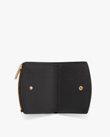 Wallet with zip and snap button closures showing card slots and inner compartments.