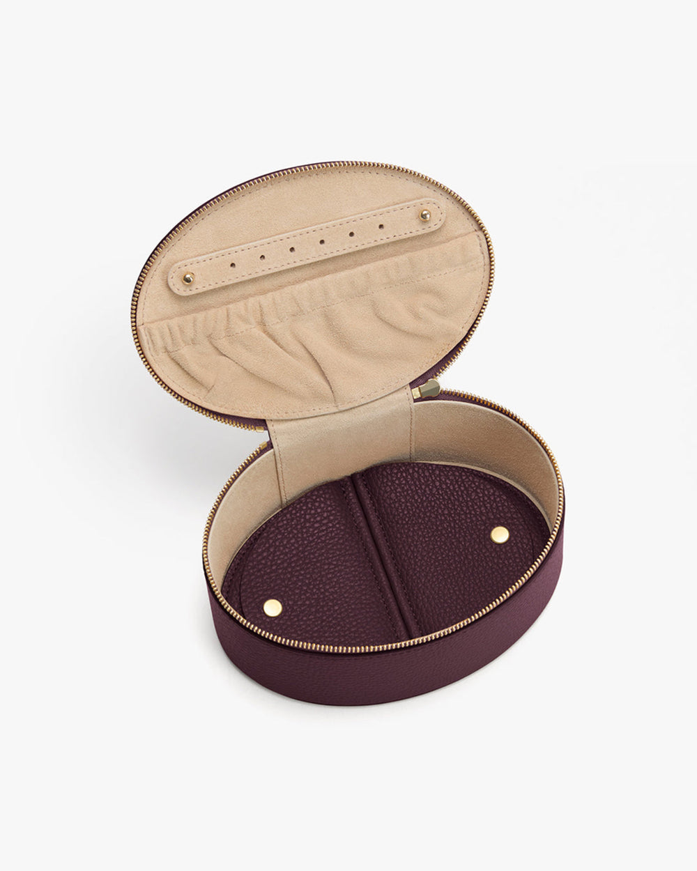 Large Jewelry Case Open oval-shaped zippered case with compartments inside