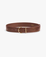 Leather belt with a gold buckle and multiple holes.