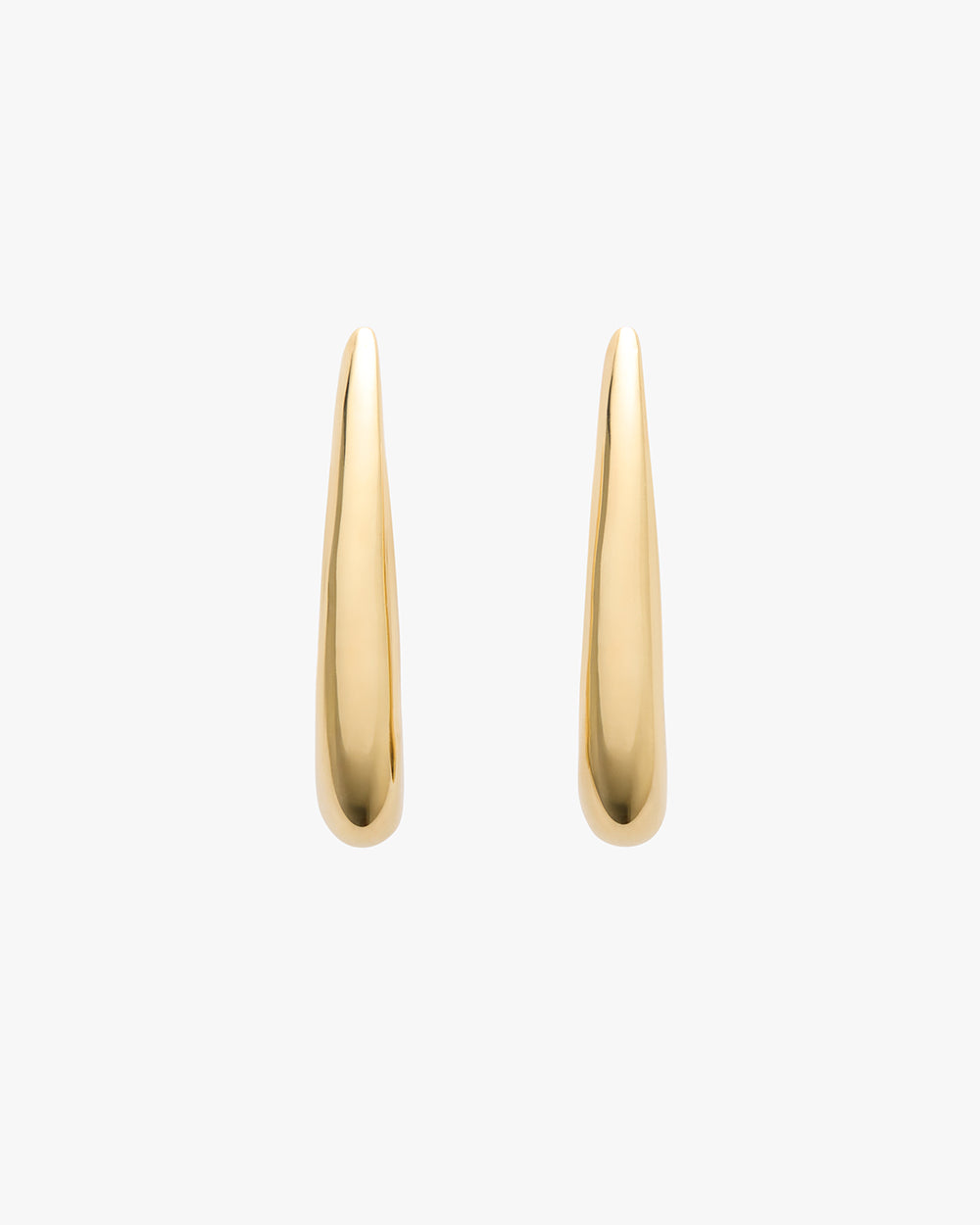 Two sleek and elongated teardrop earrings displayed vertically.
