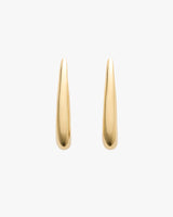 Two sleek and elongated teardrop earrings displayed vertically.