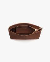 Open zippered pouch with a pocket inside.