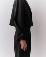 Person in a tailored suit jacket with buttons visible on sleeves, side view.