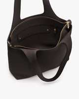 Open tote bag with two handles and a visible zipper inside.